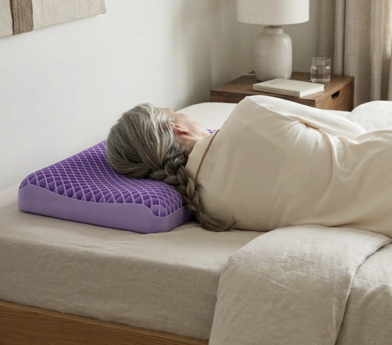 A woman around 50 asleep on her side in soft early-morning light, resting on the pillow amid natural linen bedding.