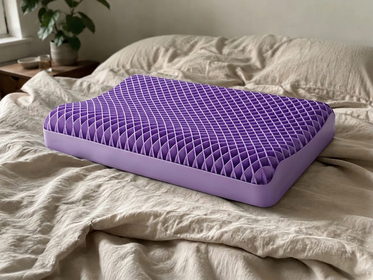 The DryNight pillow with a cool-touch knit cover resting on rumpled natural-linen bedding in a real bedroom in daylight.