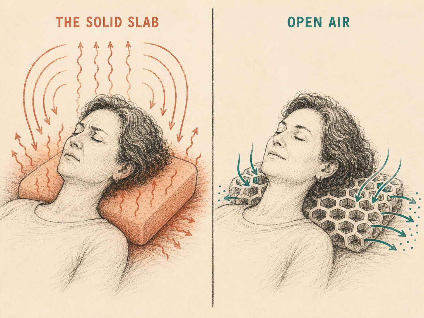 Two-panel illustration. Left, 'The Solid Slab': heat arrows rise from a sleeping head into a dense solid pillow block and radiate back into the head. Right, 'Open Air': heat arrows flow through an open lattice pillow and continue out and away.